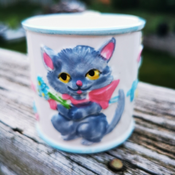 Vintage Ceramic Child's Cup with Lamb Cat Dog and Bunny Handle - Picture 4 of 12